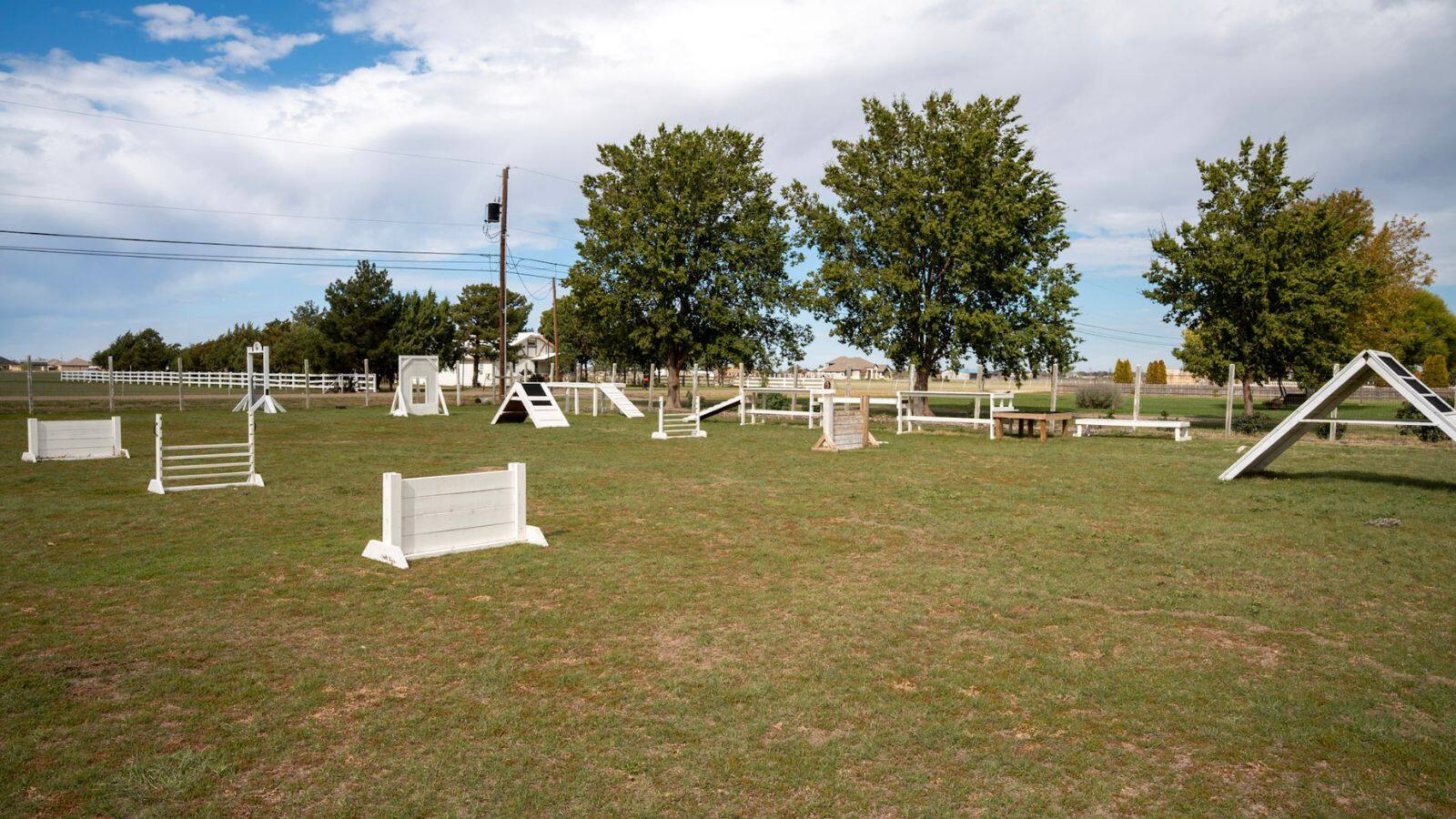 The outdoor training yard with equipment set out on the grass
